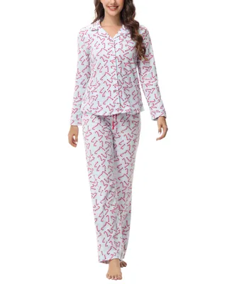 Ink+Ivy Women's Long Sleeve Notch Collar Top with Lounge Pants 2 Piece Pajama Set