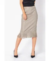 endless rose Women's Pu Fringe Pencil Midi Skirt