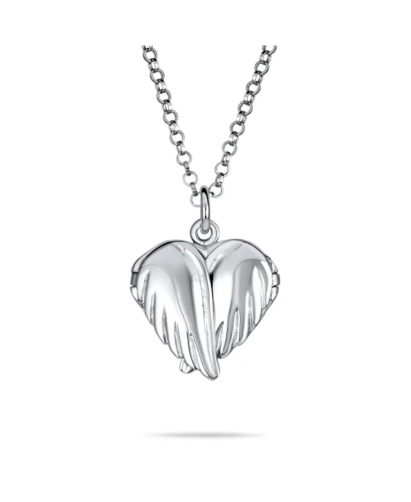 Bling Jewelry Plain Dome Protection Guardian Angel Wing Feathered Heart  Shaped Keepsake Locket For Women Teens Holds Photos Pictures .925 Silver Necklace  Pendant Cu