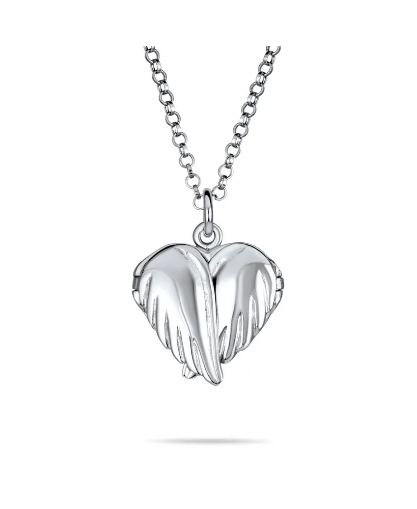 Bling Jewelry Plain Dome Protection Guardian Angel Wing Feathered Heart Shaped Keepsake Locket Holds Photos Pictures .925 Silver Necklace Pendant Cust