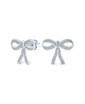 Delicate Dainty Ribbon Birthday Present Pave Cz Bow Stud Earrings For Women For Teens .925 Sterling Silver