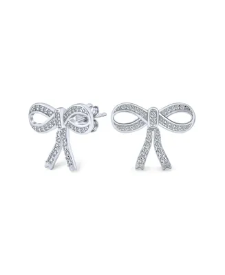 Bling Jewelry Delicate Dainty Ribbon Birthday Present Pave Cz Bow Stud Earrings For Women ForSterling Silver