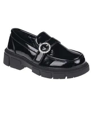 bebe Little Girls Flat Slip-On Crinkle Patent Loafers with Rhinestones Buckle