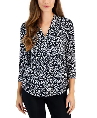 Jm Collection Women's Printed 3/4 Sleeve V-Neck Top, Created for Macy's
