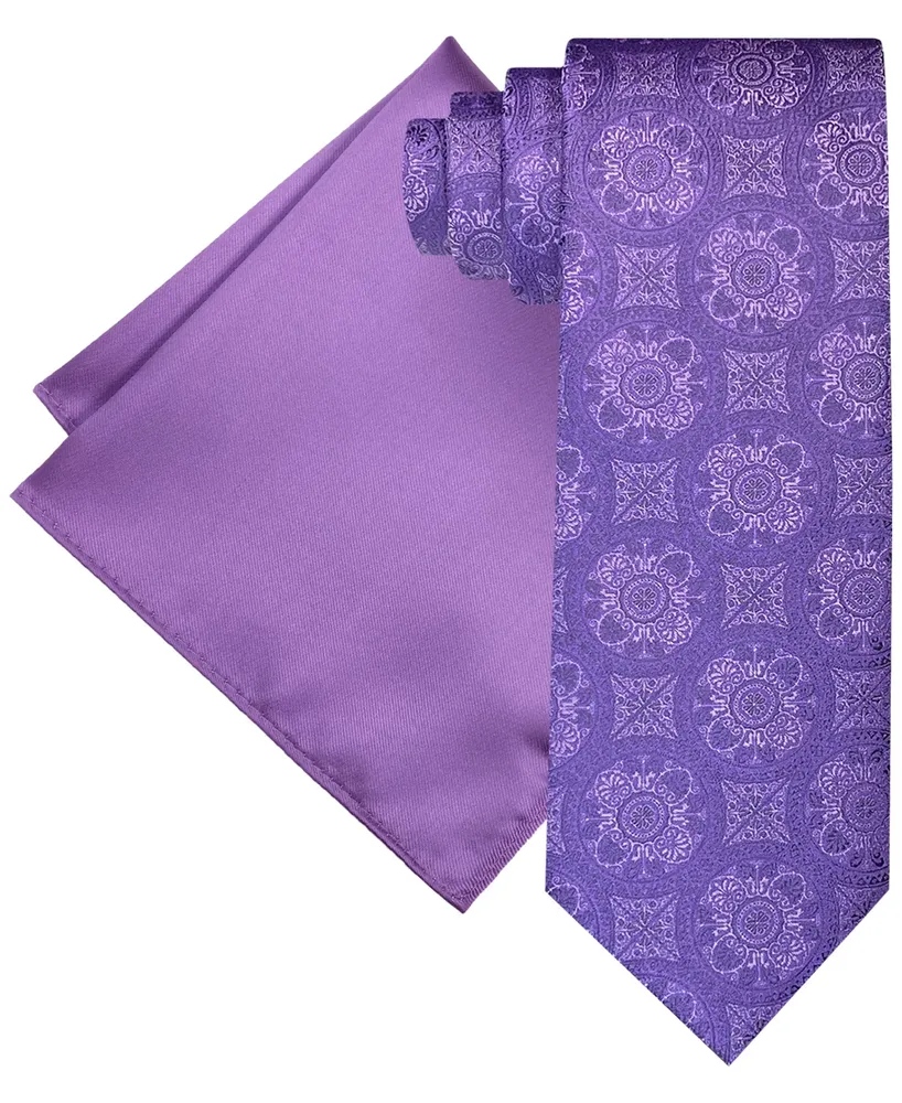 Steve Harvey Men's Ornate Medallion Tie & Solid Pocket Square Set