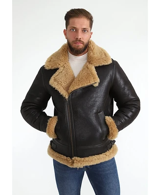 Furniq Uk Men's Shearling Biker Jacket, Vintage- like Brown with Ginger Curly Wool