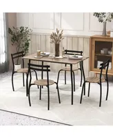 5PCS Dining Table Set 4 Chairs Wood & Metal Frame Space-saving Kitchen Furniture