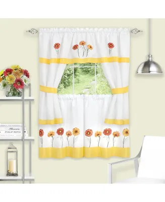 Kate Aurora Montauk Accents Embroidered Sunflowers & Daisies Complete 5 Piece Cottage Kitchen Curtain Tier & Valance Set