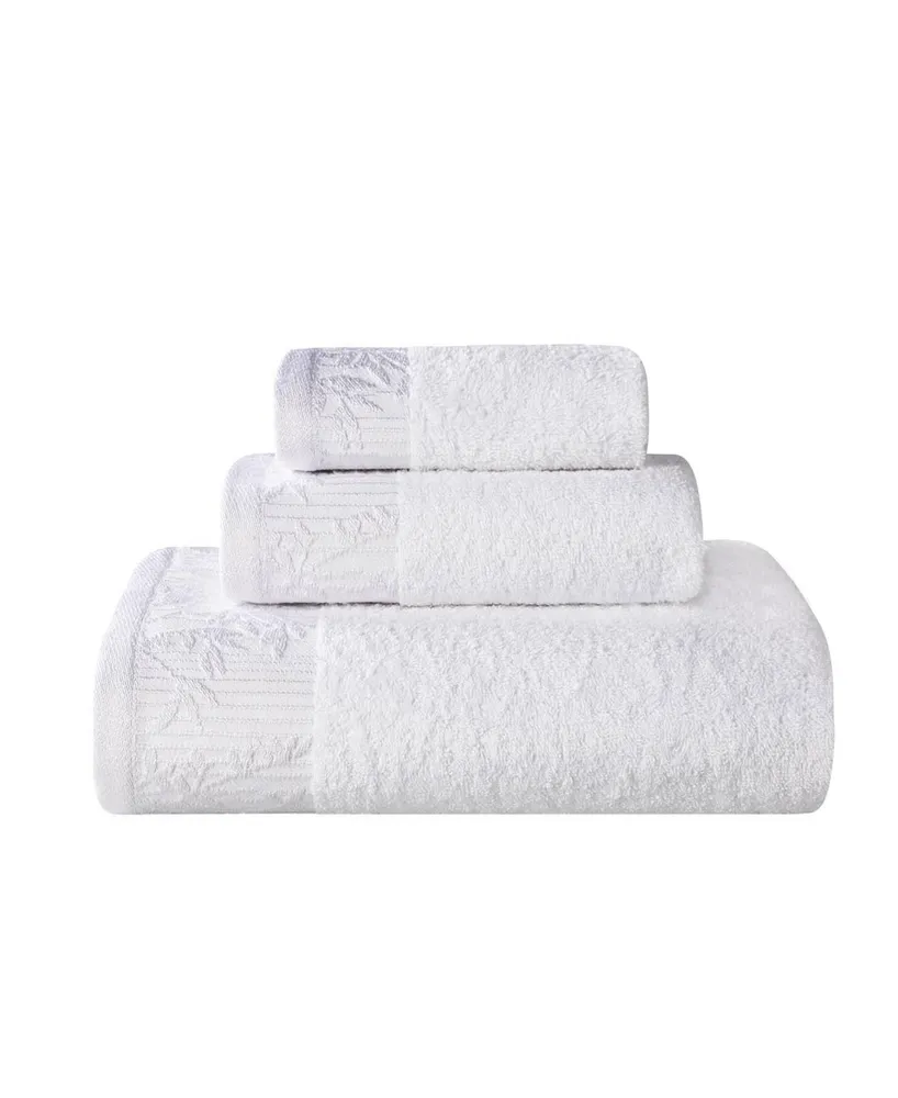 Superior Wisteria Cotton Floral Embroidered Jacquard Border Towel, 3 Piece Set - White