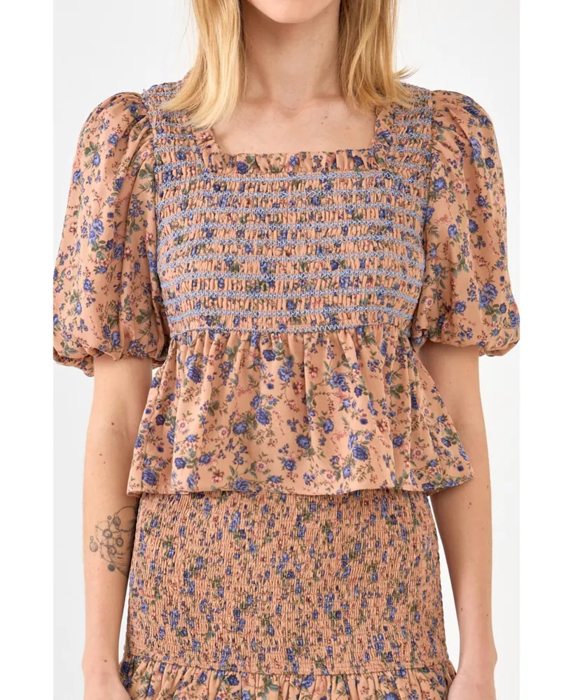 Women's Floral Smocked Detail Top