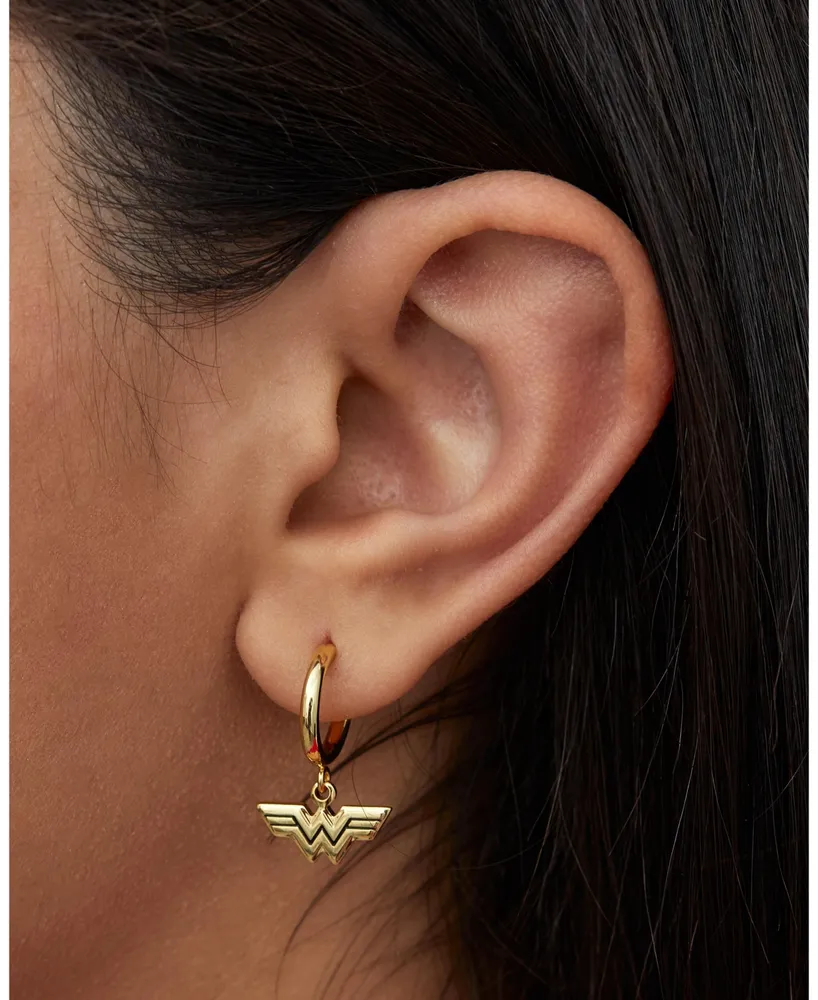 Dc Comics Wonder Woman Logo Gold Plated Charm Hoop Dangle Earrings