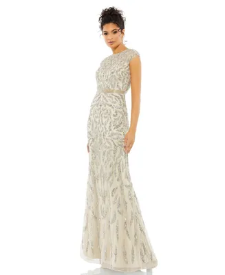 Mac Duggal Women's Embellished Illusion Cap Sleeve Column Gown