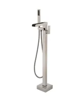 Simplie Fun Bathroom Freestanding Waterfall Tub Filler Brushed Nickel Floor Mount Faucet With Hand Shower