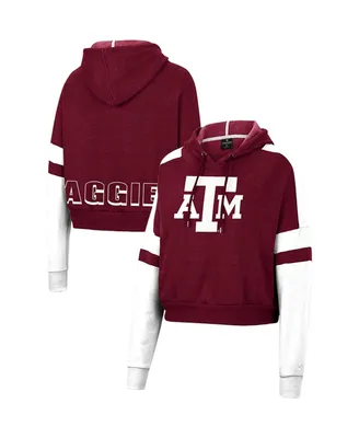Women's Colosseum Maroon Texas A&M Aggies Throwback Stripe Arch Logo Cropped Pullover Hoodie