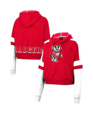 Women's Colosseum Heather Red Wisconsin Badgers Throwback Stripe Arch Logo Cropped Pullover Hoodie