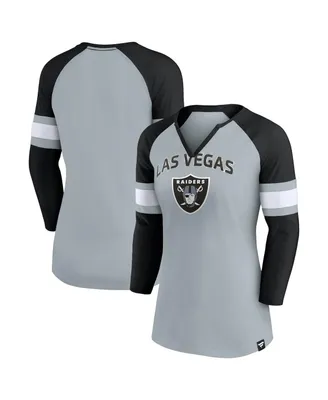 Women's Fanatics Gray, Black Las Vegas Raiders Arch Raglan 3/4-Sleeve Notch Neck T-shirt
