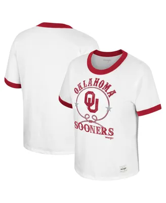 Women's Colosseum x Wrangler White Distressed Oklahoma Sooners Freehand Ringer T-shirt