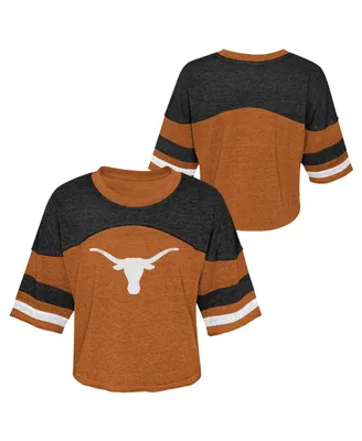 Big Girls Burnt Orange Distressed Texas Longhorns Sunday Friday Sleeve Stripe Jersey T-shirt