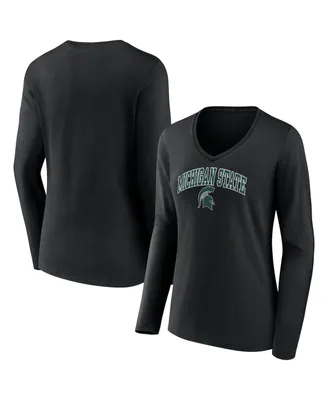 Women's Fanatics Black Michigan State Spartans Evergreen Campus Long Sleeve V-Neck T-shirt