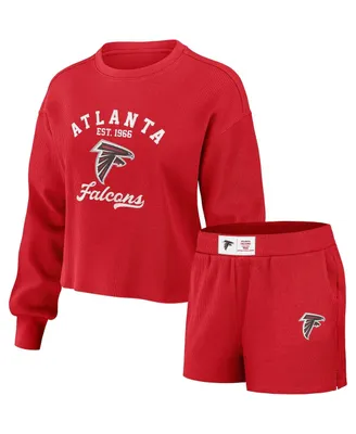 Women's Wear by Erin Andrews Red Distressed Atlanta Falcons Waffle Knit Long Sleeve T-shirt and Shorts Lounge Set