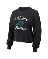 Women's Wear by Erin Andrews Black Distressed Carolina Panthers Waffle Knit Long Sleeve T-shirt and Shorts Lounge Set