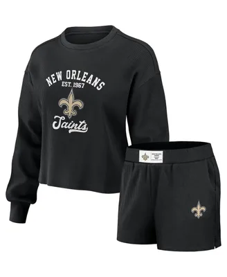 Women's Wear by Erin Andrews Black Distressed New Orleans Saints Waffle Knit Long Sleeve T-shirt and Shorts Lounge Set