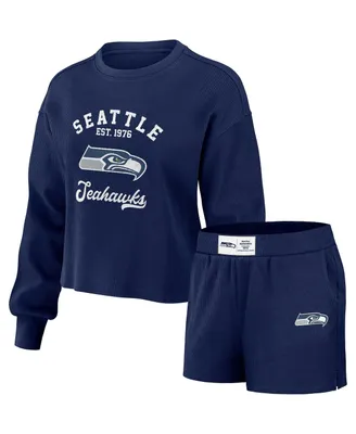 Women's Wear by Erin Andrews Navy Distressed Seattle Seahawks Waffle Knit Long Sleeve T-shirt and Shorts Lounge Set