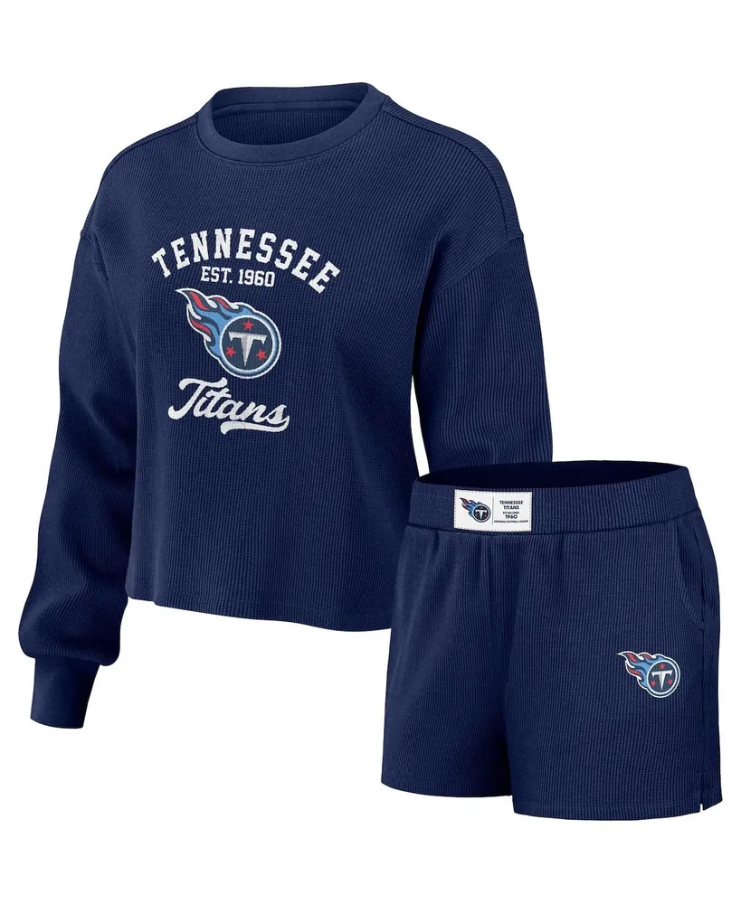 Women's Wear by Erin Andrews Navy Distressed Tennessee Titans Waffle Knit Long Sleeve T-shirt and Shorts Lounge Set