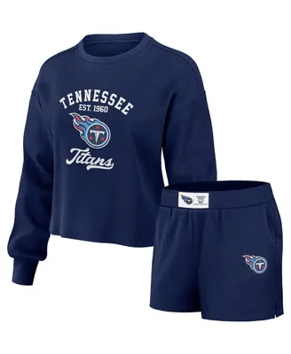 Women's Wear by Erin Andrews Navy Distressed Tennessee Titans Waffle Knit Long Sleeve T-shirt and Shorts Lounge Set