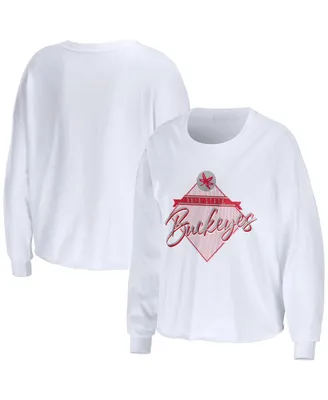Women's Wear by Erin Andrews White Ohio State Buckeyes Diamond Long Sleeve Cropped T-shirt