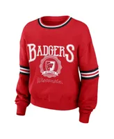 Women's Wear by Erin Andrews Red Distressed Wisconsin Badgers Vintage-Like Pullover Sweatshirt