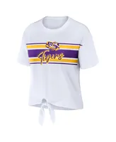 Women's Wear by Erin Andrews White Lsu Tigers Striped Front Knot Cropped T-shirt
