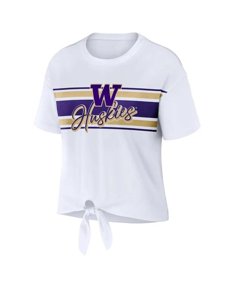 Women's Wear by Erin Andrews White Washington Huskies Striped Front Knot Cropped T-shirt