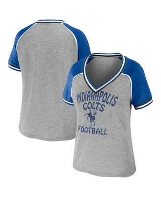 Women's Wear by Erin Andrews Heather Gray Distressed Indianapolis Colts Throwback Raglan V-Neck T-shirt