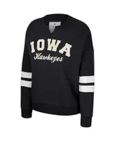 Women's Colosseum Black Distressed Iowa Hawkeyes Perfect Date Notch Neck Pullover Sweatshirt