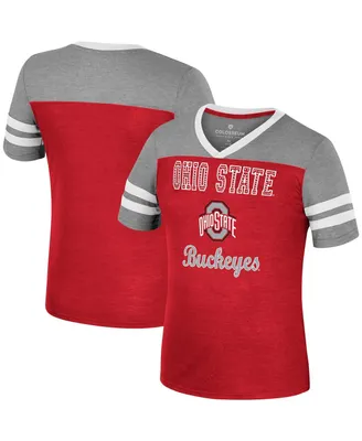 Big Girls Colosseum Scarlet, Heather Gray Ohio State Buckeyes Summer Striped V-Neck T-shirt