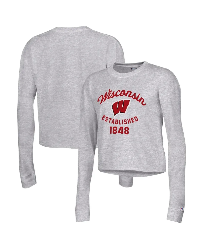 Women's Champion Gray Wisconsin Badgers Boyfriend Cropped Long Sleeve T-shirt