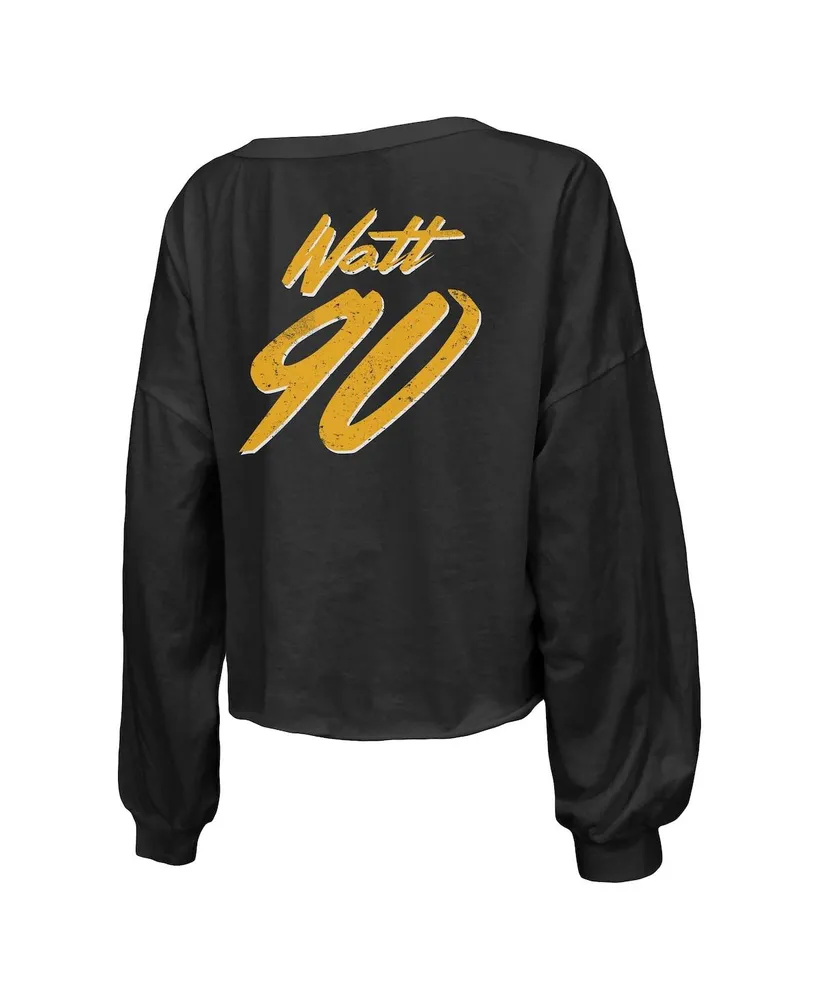 Women's Majestic Threads T.j. Watt Black Distressed Pittsburgh Steelers Name and Number Off-Shoulder Script Cropped Long Sleeve V-Neck T-shirt