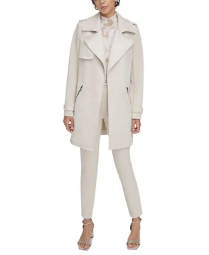 Calvin Klein Petite Faux Suede Open Front Trench Jacket Smocked Neck  Flutter Sleeve Blouse Faux Suede Skinny Leg Pants | Hawthorn Mall