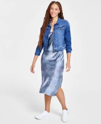 Calvin Klein Jeans Womens Denim Trucker Jacket Charmeuse Bias Slip Dress