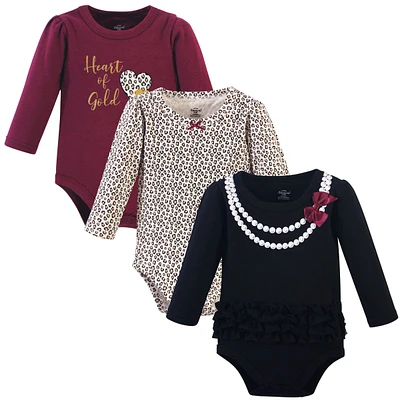 Little Treasure Baby Girls Treasure Cotton Long-Sleeve Bodysuits 3pk, Burgundy Heart Of Gold, 9-12 Months