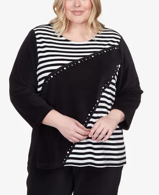 Alfred Dunner Plus Drama Queen Velour Spliced Stripe 3/4 Sleeve Top