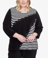 Alfred Dunner Plus Size Drama Queen Velour Spliced Stripe 3/4 Sleeve Top