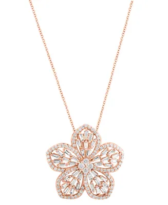 Effy Diamond Round & Baguette Flower 18" Pendant Necklace (3/4 ct. t.w.) in 14k Rose Gold