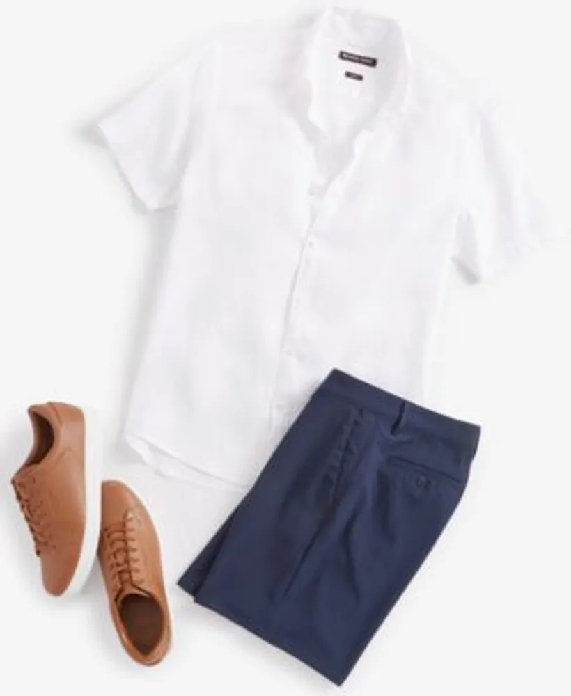 Michael Kors Mens Slim Fit Yarn Dyed Linen Shirt Benjamin Stretch 8 Tech Shorts