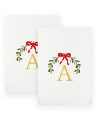 Linum Home Christmas Mistletoe Monogram Embroidered Luxury Turkish Cotton Hand Towels 2 Piece Set