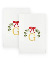 Linum Home Christmas Mistletoe Monogram White Embroidered Luxury Turkish Cotton Hand Towels, 2 Piece Set