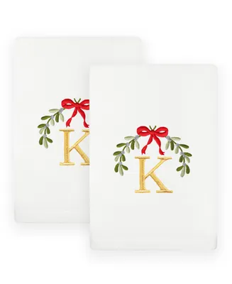 Linum Home Christmas Mistletoe Monogram White Embroidered Luxury Turkish Cotton Hand Towels, 2 Piece Set