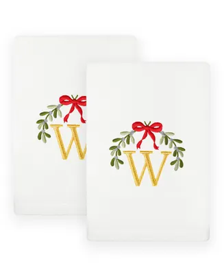 Linum Home Christmas Mistletoe Monogram White Embroidered Luxury Turkish Cotton Hand Towels, 2 Piece Set