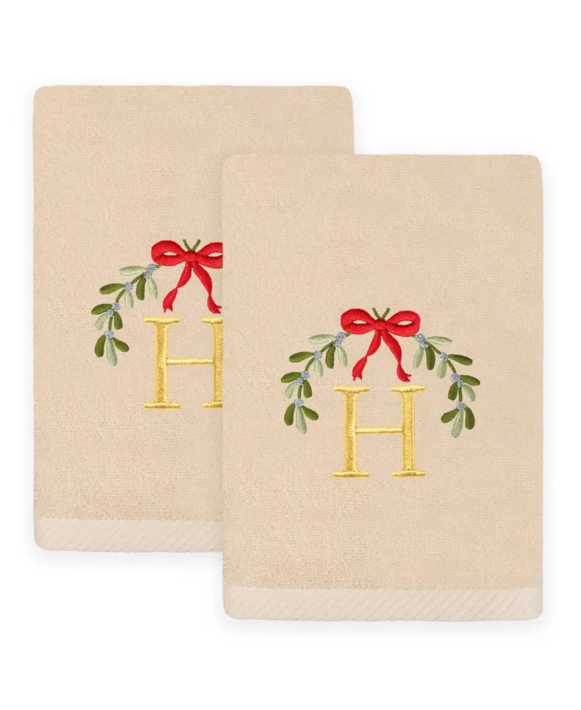 Linum Home Christmas Mistletoe Monogram Beige Embroidered Luxury Turkish Cotton Hand Towels, 2 Piece Set